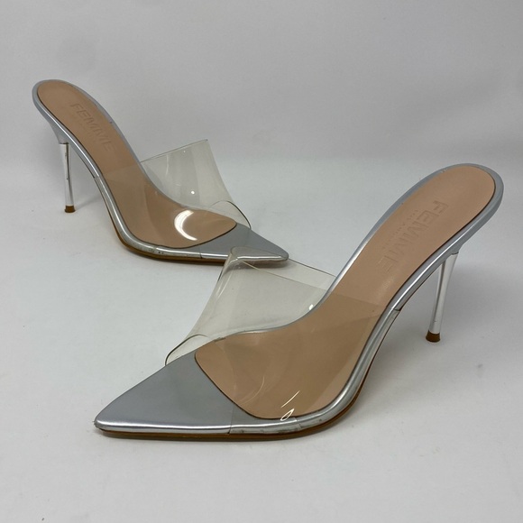 Femme LA Silver & Clear Mules - Picture 1 of 12